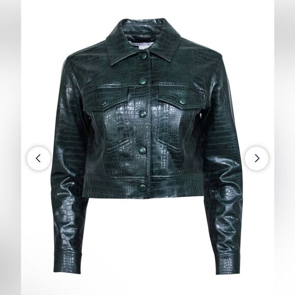 Veronica Beard Hendrix Croc Embossed Faux Leather Jacket Evergreen Green Size 2 - Picture 6 of 13